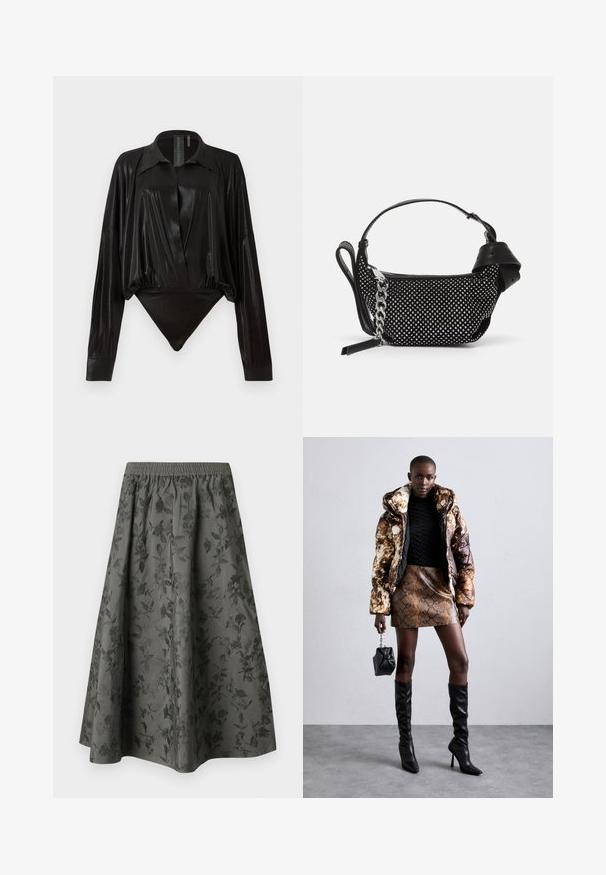 Black bodysuit with long sleeves, V-neck, and a fitted silhouette. Made of shiny, smooth fabric with a structured collar and cuffs.; Dark gray midi skirt with an elastic waistband, featuring an embossed floral pattern throughout for added texture and visual interest.; Puffer jacket with a brown and black pattern, paired with a brown snake print mini skirt, black knee-high boots, and a small black bag.; Black handbag with a textured design, adorned with silver studs and a chunky silver chain strap. Features a sleek, minimalist shape.