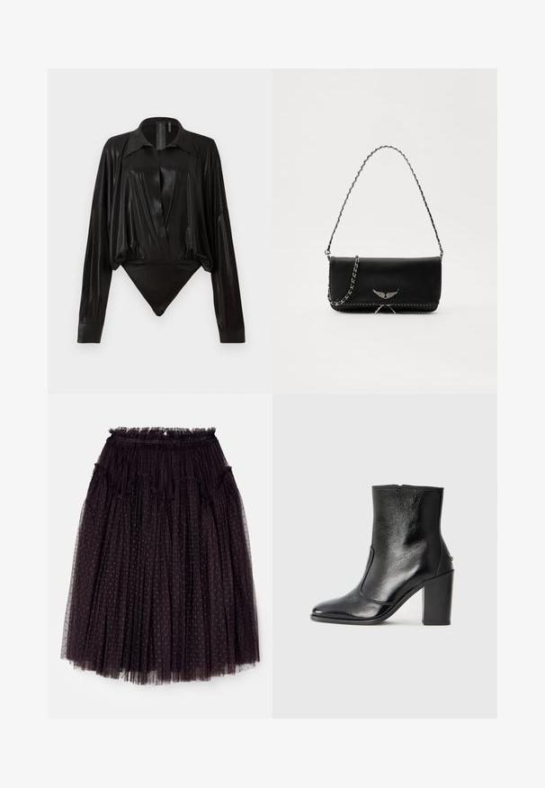 Melnā bodijakā ar garām piedurknēm, V-veida kaklu un pieguļošu siluetu. Izgatavots no spīdīga, gluda auduma ar strukturētu apkakli un aprocēm.; Needle & Thread ARABESQUE MIDAXI SKIRT - A-silueta svārki - graphite; Melnas ādas potīšu zābaki ar gludu tekstūru, smailu purngalu un masīlu augstu papēdi. Iekļauts sānu atvērums un minimālistisks dizains.; Melnas ādas rokassomā ar sudraba ķēdes siksnu, kurai ir dekoratīvi spārnu akcenti un baltā šuvēšana apakšējā šuvē.