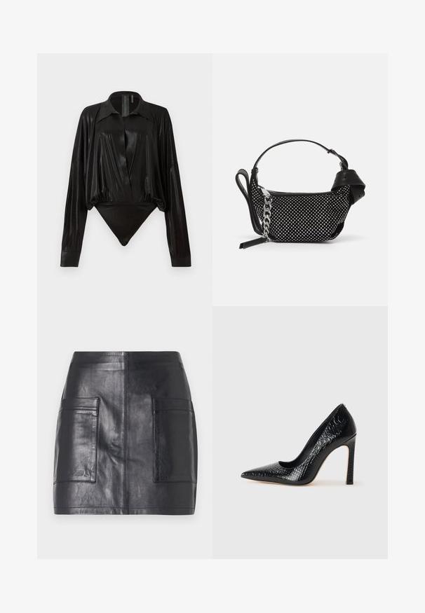 Černý body s dlouhými rukávy, výstřihem do V a přiléhavým střihem. Vyrobeno z lesklého, hladkého materiálu se strukturovaným límcem a manžetami.; Černá kožená mini sukně s dvěma bočními kapsami, hladkým povrchem, přiléhavým střihem a čistými liniemi bez dalších ozdob.; Černý lodičkový bot s špičatou špičkou, pokrytý texturou krokodýlí kůže, s elegantním designem, vysokým stiletto podpatkem a hladkým černým interiérem.; Černá kabelka s cvočky, řetízkem a hladkým koženým držadlem, kulatého tvaru a se zipovou kapsou.