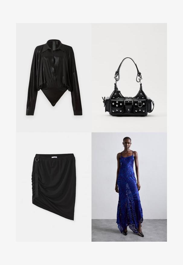 Melnā bodijakā ar garām piedurknēm, V-veida kaklu un pieguļošu siluetu. Izgatavots no spīdīga, gluda auduma ar strukturētu apkakli un aprocēm.; Melna ručināta svārku izgatavota no mīksta auduma, ar asimetrisku apakšmalu un sānu siksniņu ar metāla gredzena detaļu.; Zila un violeta dzīvnieku raksta maxi kleita ar plāniem plecu siksnām, pieguļošu augumu, izplestu apakšdaļu un caurspīdīgu dekoratīvo kārtu.; Melnas ādas rokturmais ar izliekumu, ar sudraba iedurtiem, sprādzi un divām sānu kabatām. Regulējams siksniņas garums dažādām nēsāšanas iespējām.
