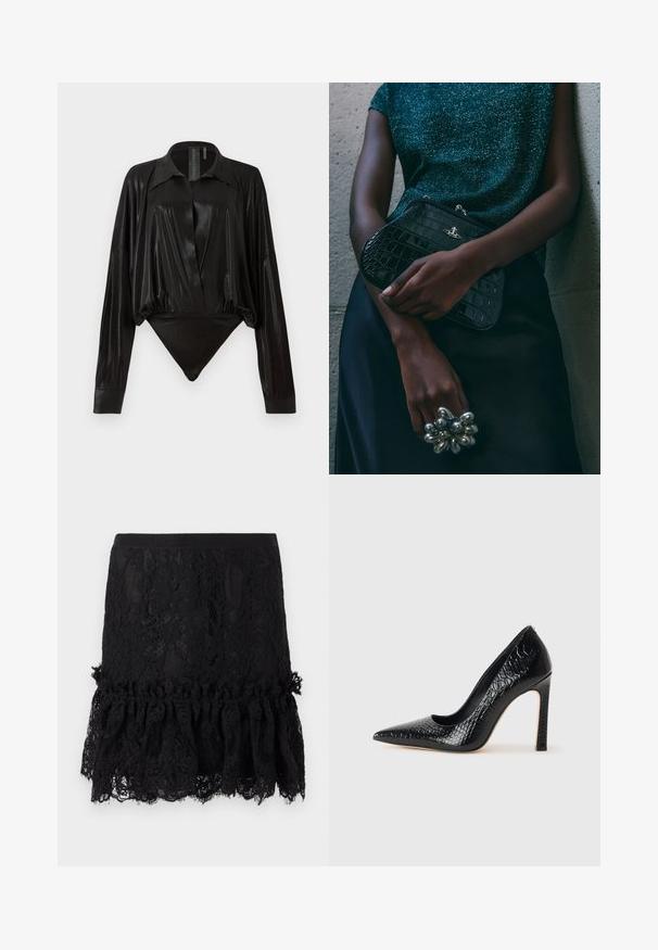 Svart body med långa ärmar, V-ringning och en figursydd silhuett. Tillverkad av glänsande, slät tyg med en strukturerad krage och manschetter.; Svart spetskjol med en strukturerad topp, som har en volangkant i spets. Tyget har blommönster och en slät midja.; Svart spetsig högklackad sko med krokodilskinnsstruktur, som har en elegant design, hög stilettklack och en slät svart innersula.; Svart clutchväska med krokodilmönster och silver detaljer, hålls mot en texturerad grå bakgrund. Har en blank yta.