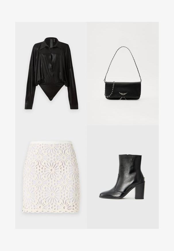 Musta catsuit pitkillä hihoilla, V-pääntiellä ja tiukalla siluetilla. Valmistettu kiiltävästä, sileästä kankaasta, jossa on jämäkkä kaulus ja hihansuut.; Valkoinen pitsinen minisyrttymekko, jossa on kukkakuosisia leikkuukuvioita. Helma on aaltoileva ja vyötärö on sileä ja hieman kiiltävä.; Mustat nahka ankle bootit, joissa on sileä pinta, terävä kärki ja paksu korkea korko. Sivusaumassa on avaus ja muuten yksinkertainen muotoilu.; Musta nahkalaukku, jossa on hopeaketjuolkaimet, koristelu siipiyksityiskohdilla ja valkoisella ommellulla sauman alareunassa.