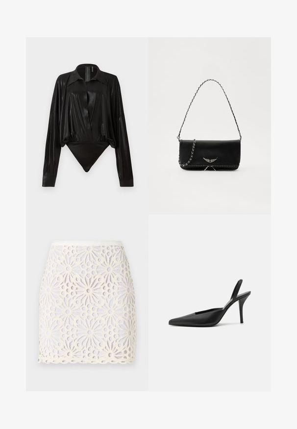 Fekete egyrészes ruházat hosszú ujjakkal, V-kivágással és testhez simuló fazonnal. Fényes, sima anyagból készült, strukturált gallérral és mandzsettákkal.; Fehér csipke mini szoknya virágmintákkal és kivágott részletekkel. A szoknya szegélye hullámos, a derékrész sima és enyhén fényes.; Fekete pántos magassarkú cipők, hegyes orral, sima bőrből készült anyaggal és letisztult, minimalista dizájnnal. Magas tűs sarok.; Fekete bőrtáska ezüstlánc pánttal, díszes szárnyakkal és fehér varrással az alsó varrat mentén.