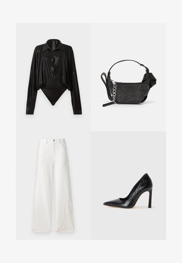 Musta catsuit pitkillä hihoilla, V-pääntiellä ja tiukalla siluetilla. Valmistettu kiiltävästä, sileästä kankaasta, jossa on jämäkkä kaulus ja hihansuut.; Valkoiset leveät farkut, joissa on sivuembellishments ja perinteinen viisi-taskuinen muotoilu. Vetoketjukiinnitys napilla.; Musta kapea nilkkakorkokenkä krokotiilin nahkakuviolla, joka on varustettu tyylikkäällä muotoilulla, korkealla stiletto-korkealla ja sileällä mustalla sisäosalla.; Musta käsilaukku, jossa on niittikoristeet, ketjuhihna ja sileä nahkakahva, pyöreä muoto ja vetoketjullinen osasto.