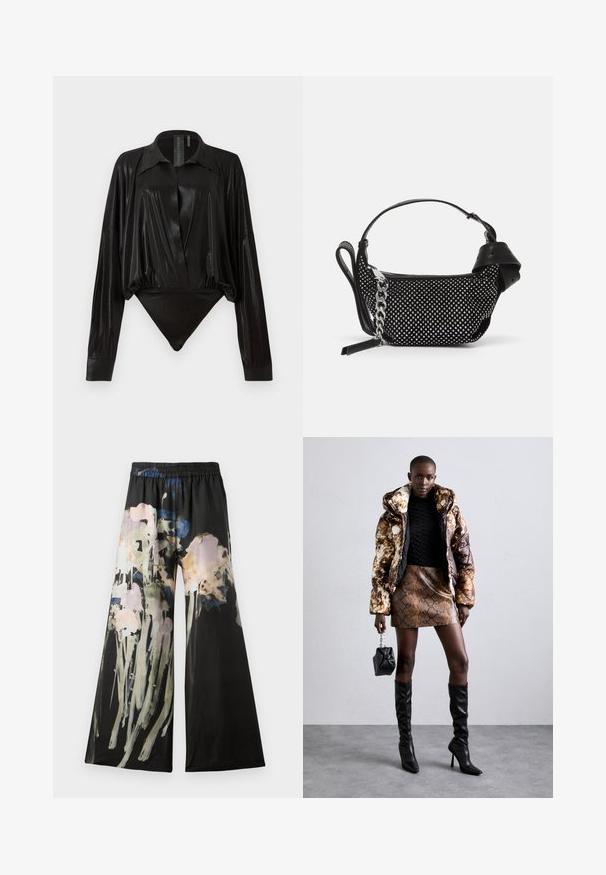 Zwarte body met lange mouwen, V-hals en een aansluitende silhouet. Gemaakt van glanzende, gladde stof met een gestructureerde kraag en manchetten.; Zwarte wijde broek van stof met een aquarel bloemendessin in roze, blauw en groene tinten; elastische tailleband voor comfort.; Pufferjack met een bruin en zwart patroon, gecombineerd met een minirok in slangenprint in bruin, zwarte knielange laarzen en een kleine zwarte tas.; Zwarte handtas met een gestructureerd ontwerp, versierd met zilveren studs en een robuuste zilveren kettingband. Beschikt over een elegante, minimalistische vorm.