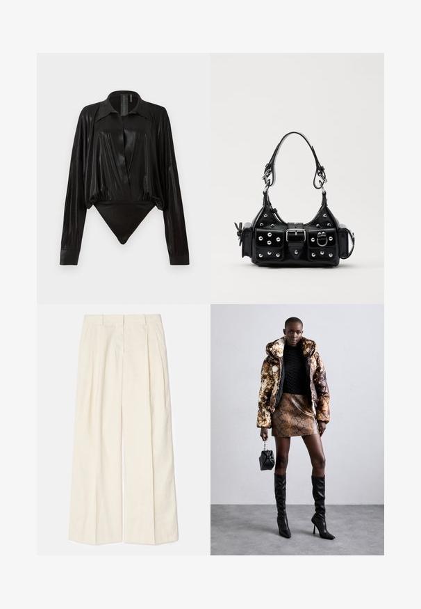 Black bodysuit with long sleeves, V-neck, and a fitted silhouette. Made of shiny, smooth fabric with a structured collar and cuffs.; Wide-leg trousers in a soft, light cream fabric. Features front pleats, belt loops, and a smooth texture. Tailored design with a clean finish.; Puffer jacket with a brown and black pattern, paired with a brown snake print mini skirt, black knee-high boots, and a small black bag.; Black leather handbag with a curved design, featuring silver studs, a buckle, and two side pockets. Adjustable strap for carrying options.