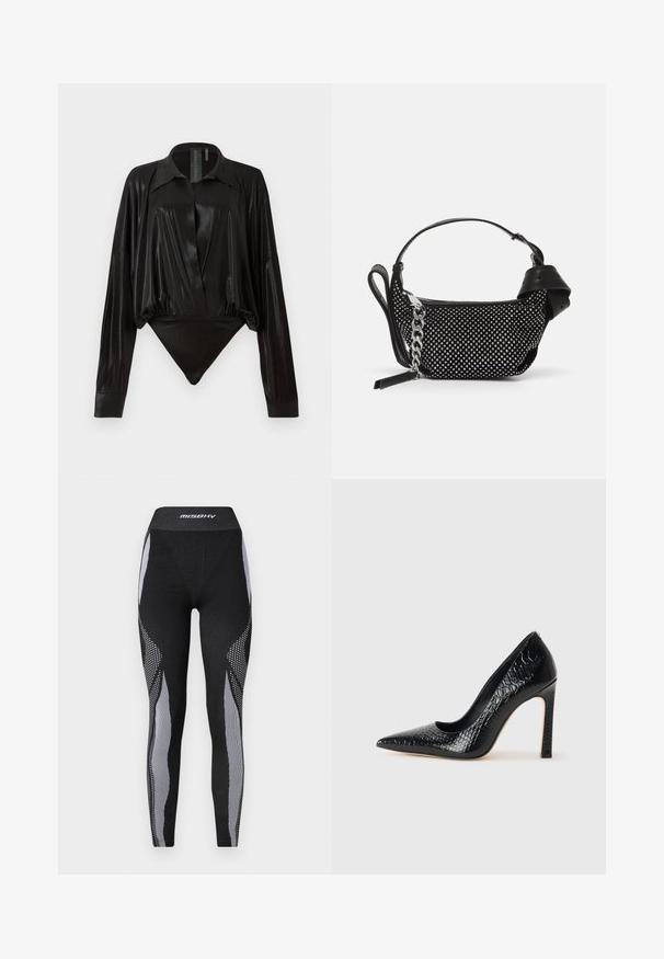 Fekete egyrészes ruházat hosszú ujjakkal, V-kivágással és testhez simuló fazonnal. Fényes, sima anyagból készült, strukturált gallérral és mandzsettákkal.; Fekete sport leggings, magas derekú, textúrált anyagból, ellentétes szürke hálós betétekkel, csíkozott és pöttyös mintázattal.; Fekete hegyes orrú magassarkú cipő krokodilbőr textúrával, letisztult dizájnnal, magas tűsarkú és sima fekete belső résszel.; Fekete kézitáska szegecses díszítéssel, láncos pánttal és sima bőr fogantyúval, lekerekített formával és cipzáras rekesszel.