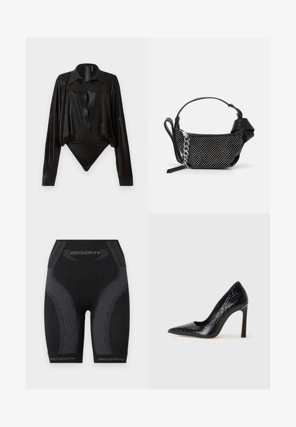 Μαύρος μοντέρνος ολόσωμος φόρος με μακριά μανίκια, V-λαιμόκοψη, και εφαρμοστό σχήμα. Κατασκευασμένος από λαμπερό, απαλό ύφασμα με δομημένο γιακά και μανσέτες.; Μαύρα αθλητικά σορτς με εφαρμοστή σχεδίαση, υφασμάτινη υφή, κάθετες ρίγες σε γκρι και το λογότυπο "MISBHV" στο στρίφωμα.; Μαύρο ψηλοτάκουνο παπούτσι με αιχμηρή μύτη και υφή από δέρμα κροκοδείλου, με κομψό σχέδιο, υψηλό τακούνι στιλέτο και λείο μαύρο εσωτερικό.; Μαύρη τσάντα χειρός με διακοσμητικά τ studs, αλυσίδα και λείο δερμάτινο χερούλι, με στρογγυλεμένο σχήμα και κλειστή θήκη.