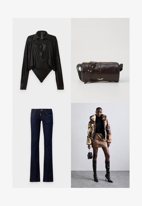 Body negru cu mâneci lungi, decolteu în V și o siluetă ajustată. Fabricat dintr-un material lucios și neted, cu guler structurat și manșete.; Jeans flared din denim albastru închis, cu un design standard cu cinci buzunare, detalii de cusut vizibile și închidere cu buton la talie.; Jachetă puffer cu un model maro și negru, asortată cu o fustă mini din piele de șarpe maro, cizme negre până la genunchi și o geantă mică neagră.; Geantă din piele căptușită cu un model de crocodil de culoare maro, cu o formă cilindrică, accesorii de culoare aurie și un curea detasabilă cu tăieturi.