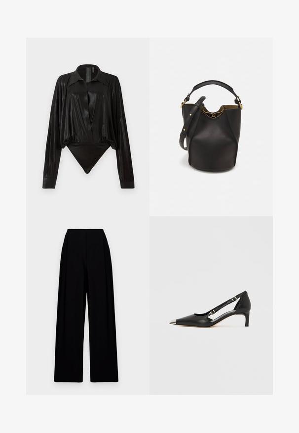 Melnā bodijakā ar garām piedurknēm, V-veida kaklu un pieguļošu siluetu. Izgatavots no spīdīga, gluda auduma ar strukturētu apkakli un aprocēm.; Plaša melna bikses ar augstu jostasvietu, ar gludu faktūru un tīrām līnijām. Nav redzamu aizdaru vai rakstu.; Melns ādas kurpju pāris ar zemu papēdi, smailu sudraba purngali un diviem sprādzēm uz balta fona.; Melnas ādas spainīša somas ar teksturētu apdari, zelta metāla aksesuāriem un atvērtu augšu. Piedāvā īsu rokturi un regulējamu plecu siksnu.