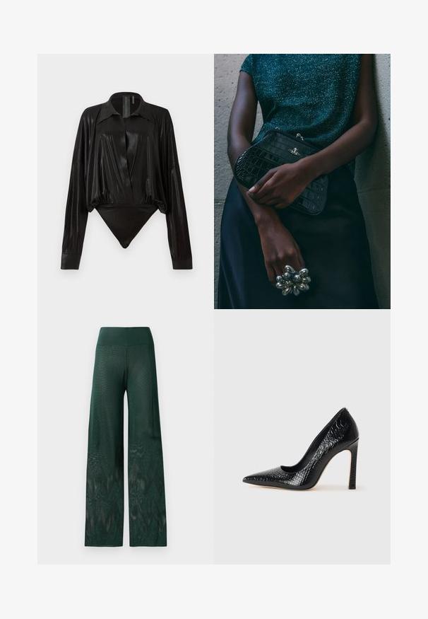 Body noir avec manches longues, décolleté en V et une silhouette ajustée. Fabriqué en tissu lisse et brillant avec un col structuré et des poignets.; Pantalons larges verts en maille légère avec un motif en zigzag au niveau de l'ourlet. Présente une taille lisse pour plus de confort.; Escarpin noir à bout pointu avec texture en cuir de crocodile, présentant un design élégant, un haut talon aiguille et un intérieur noir lisse.; Sac à main en cuir noir à motif crocodile avec des finitions en métal argenté, posé sur un fond texturé gris. Présente une surface brillante.