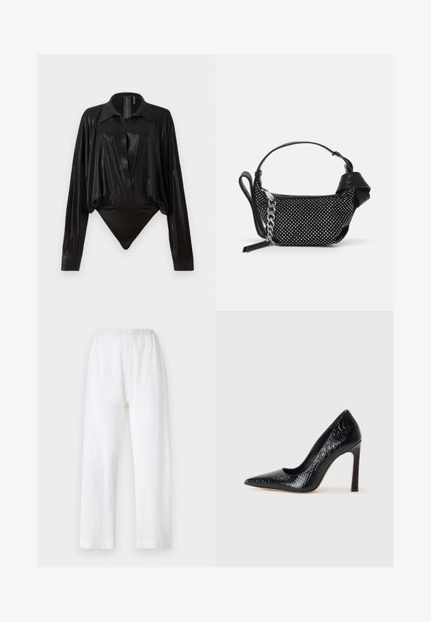 Zwarte body met lange mouwen, V-hals en een aansluitende silhouet. Gemaakt van glanzende, gladde stof met een gestructureerde kraag en manchetten.; Witte, losvallende broek met een elastische tailleband, gemaakt van een gestructureerde stof. Rechtdoorgestoken ontwerp met eenvoudige omgestikte manchetten.; Zwarte puntige hoge hak schoen met een krokodillenleren textuur, met een slank ontwerp, hoge stiletto-hak, en een gladde zwarte binnenkant.; Zwarte handtas met studded embellishments, een kettingriem en een soepel leren handvat, met een afgeronde vorm en een ritscompartiment.