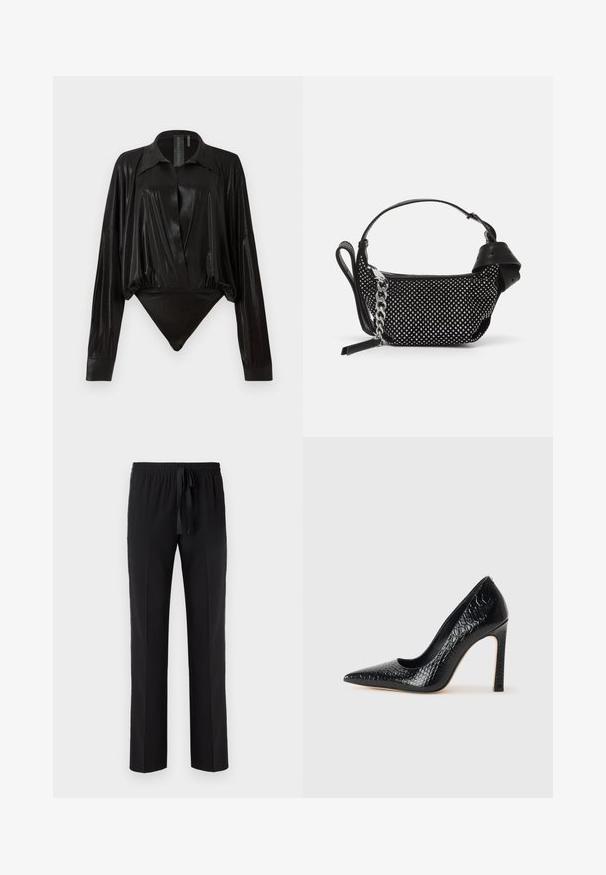 Zwarte body met lange mouwen, V-hals en een aansluitende silhouet. Gemaakt van glanzende, gladde stof met een gestructureerde kraag en manchetten.; Zwarte broek met een elastische tailleband en verstelbaar trekkoord, met een rechte pasvorm en een gladde textuur. Geen patronen of accenten.; Zwarte puntige hoge hak schoen met een krokodillenleren textuur, met een slank ontwerp, hoge stiletto-hak, en een gladde zwarte binnenkant.; Zwarte handtas met studded embellishments, een kettingriem en een soepel leren handvat, met een afgeronde vorm en een ritscompartiment.