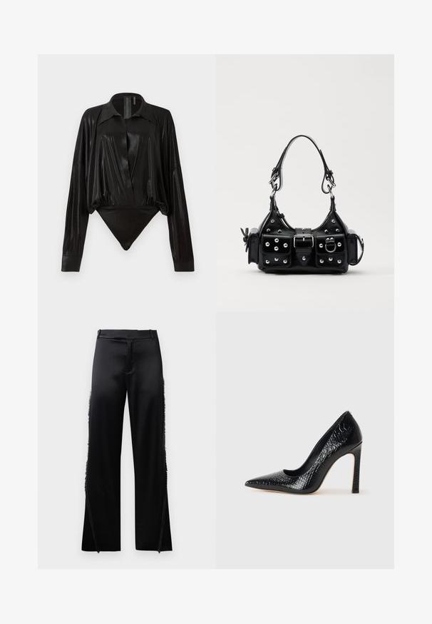 Zwarte body met lange mouwen, V-hals en een aansluitende silhouet. Gemaakt van glanzende, gladde stof met een gestructureerde kraag en manchetten.; Zwarte satijnen broek met brede pijpen, voorzien van franjes langs de zijnaden en een platte tailleband aan de voorkant. Eenvoudige achterkant zonder zakken.; Zwarte puntige hoge hak schoen met een krokodillenleren textuur, met een slank ontwerp, hoge stiletto-hak, en een gladde zwarte binnenkant.; Zwarte lederen handtas met een gebogen ontwerp, voorzien van zilveren studs, een gesp en twee zijvakken. Verstelbare schouderband voor verschillende draagmogelijkheden.