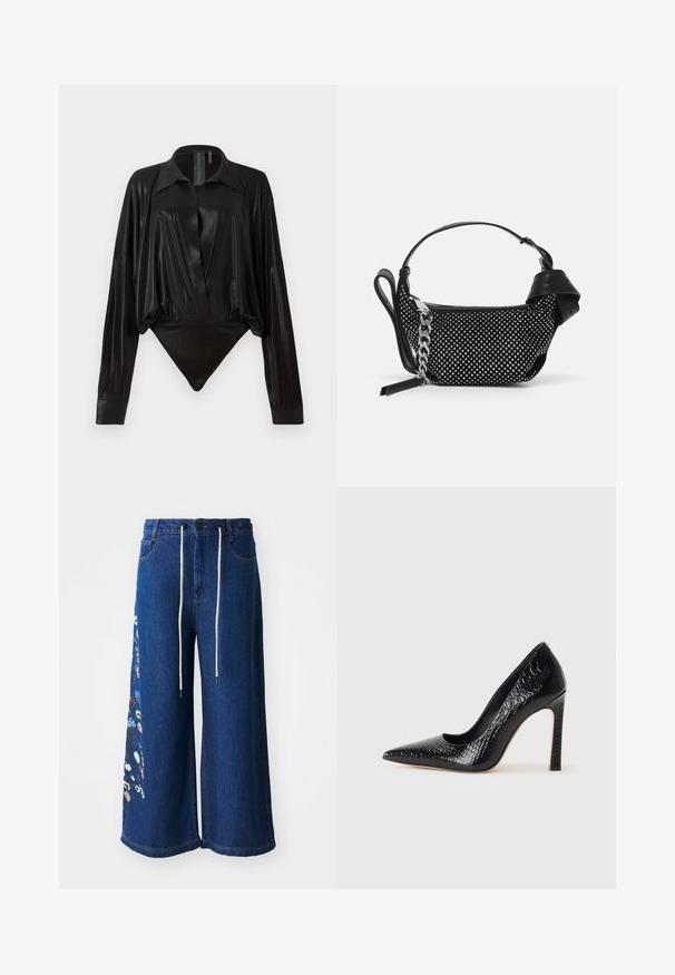 Crni bodi s dugim rukavima, V-izrezom i prilagođenim siluetom. Izrađen od sjajnog, glatkog materijala s strukturiranim ovratnikom i manžetama.; Široke traperice u tamnoplavoj boji s cvjetnim vezom na lijevoj nozi. Imaju remen s vezanjem i klasičan dizajn s pet džepova.; Crne visoke potpetice s oštrim prstima, od teksture krokodilske kože, elegantnog dizajna, visoke stiletto potpetice i glatkog crnog unutrašnjosti.; Crna torbica s ukrasima od studenaca, lančanim remenom i glatkom kožnom drškom, zaobljenog oblika i zatvorenim odjeljkom na zip.