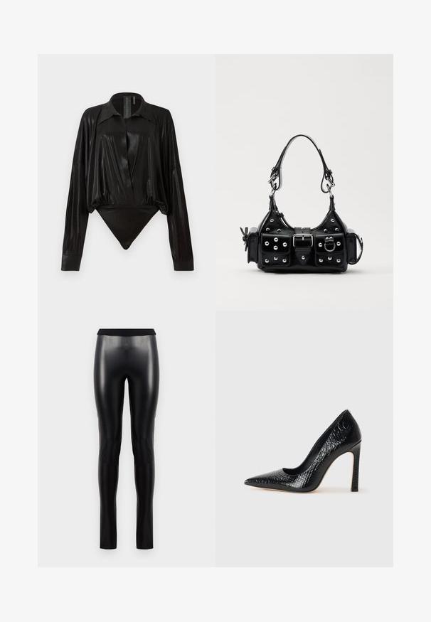 Black bodysuit with long sleeves, V-neck, and a fitted silhouette. Made of shiny, smooth fabric with a structured collar and cuffs.; Black faux leather leggings with a smooth texture, fitted silhouette, and a wide waistband. No visible seams or patterns.; Black pointed-toe high heel shoe with a crocodile-skin texture, featuring a sleek design, high stiletto heel, and smooth black interior.; Black leather handbag with a curved design, featuring silver studs, a buckle, and two side pockets. Adjustable strap for carrying options.