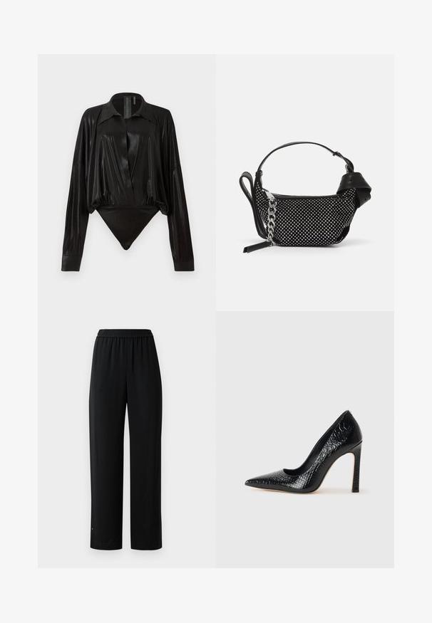 Schwarzer Body mit langen Ärmeln, V-Ausschnitt und figurnaher Silhouette. Hergestellt aus glänzendem, glattem Stoff mit einem strukturierten Kragen und Manschetten.; Schwarze weite Hosen aus glattem Stoff mit elastischem Bund. Mit geradem Schnitt und minimalen Details. Geeignet für die Freizeit.; Schwarzer, spitz zulaufender High Heel mit Krokodilleder-Struktur, elegantem Design, hohem Stiletto-Absatz und glattem schwarzen Innenraum.; Schwarze Handtasche mit Nietenverzierungen, einer Kettenriemen und einem glatten Ledergriff, in runder Form und mit einem Reißverschlussfach.