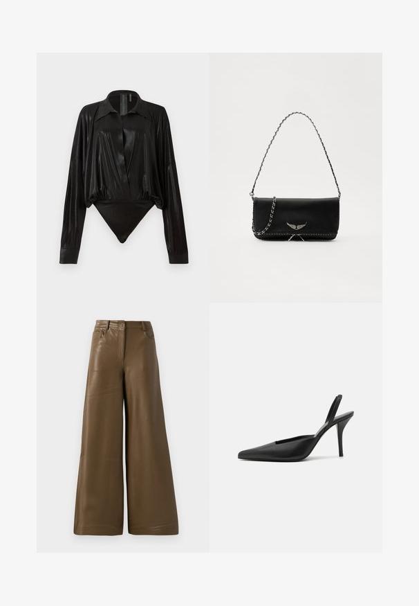 Μαύρος μοντέρνος ολόσωμος φόρος με μακριά μανίκια, V-λαιμόκοψη, και εφαρμοστό σχήμα. Κατασκευασμένος από λαμπερό, απαλό ύφασμα με δομημένο γιακά και μανσέτες.; Πλατύ παντελόνι από λείο, καφέ τεχνητό δέρμα. Διαθέτει ψηλή μέση, τέσσερις τσέπες και φερμουάρ μπροστά. Λεια υφή και μινιμαλιστικός σχεδιασμός.; Μαύρες γόβες slingback με μυτερή μύτη, από λείο δερμάτινο υλικό και κομψό, μινιμαλιστικό σχέδιο. Ψηλή στιλέτο τακούνι.; Μαύρη δερμάτινη τσάντα με ασημένια αλυσίδα, που διαθέτει διακοσμητικά φτερά και λευκή ραφή κατά μήκος της κάτω ραφής.