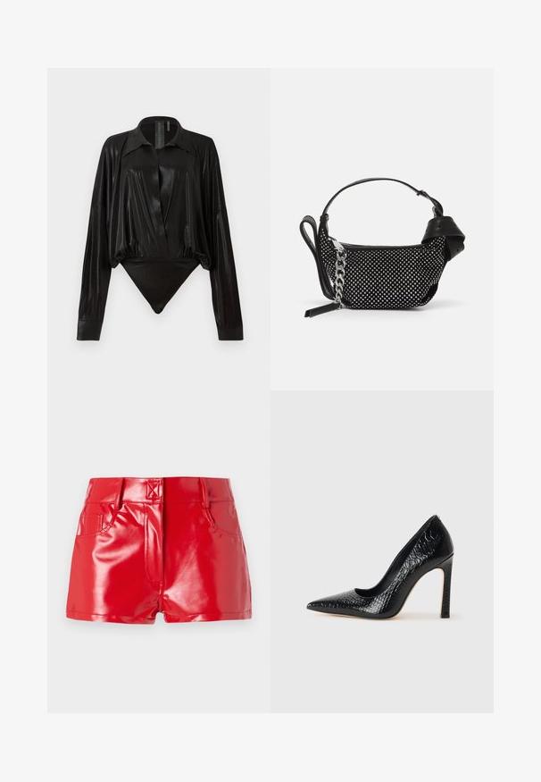 Črn bodi z dolgimi rokavi, V-izrezom in prilegajočo silhueto. Narejen iz sijočega, gladkega materiala z oblikovanim ovratnikom in manšetami.; Rde hlače iz sintetične usnje z sijočo površino, ki imajo visok pas, sprednje žepe in podrobnosti z obrobo. Strukturiran, prilegajoč se dizajn.; Črne čevlje z visoko peto in konico v obliki puščice, z teksturo krokodilje kože, ki se ponašajo s sleek oblikovanjem, visokim stiletto peto in gladkim črnim notranjostjo.; Črna torbica z teksturiranim dizajnom, okrašena s srebrnimi bleščicami in debelim srebrnim trakovanjem. Ima eleganten, minimalističen oblik.