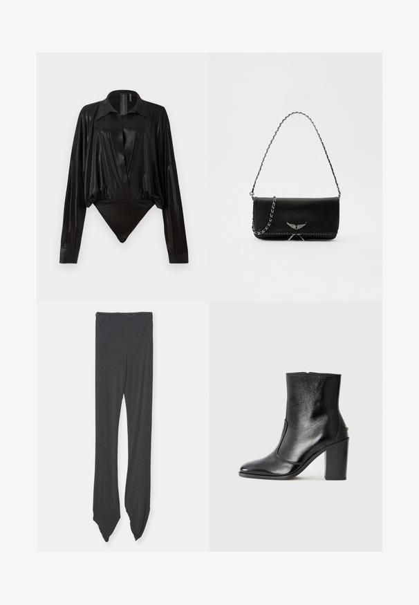 Svart body med långa ärmar, V-ringning och en figursydd silhuett. Tillverkad av glänsande, slät tyg med en strukturerad krage och manschetter.; Mörkgrå leggings i mjukt tyg, med en bred midja och smalnande ben som är spetsiga. Designen är slät utan mönster.; Svart läderankelboot med en slät yta, spetsig tå och en kraftig hög klack. Har en sidöppning och ett minimalistiskt design.; Svart läderhandväska med en silverkedja, prydd med dekorativa vingdetaljer och vit sömnad längs den nedre sömmen.