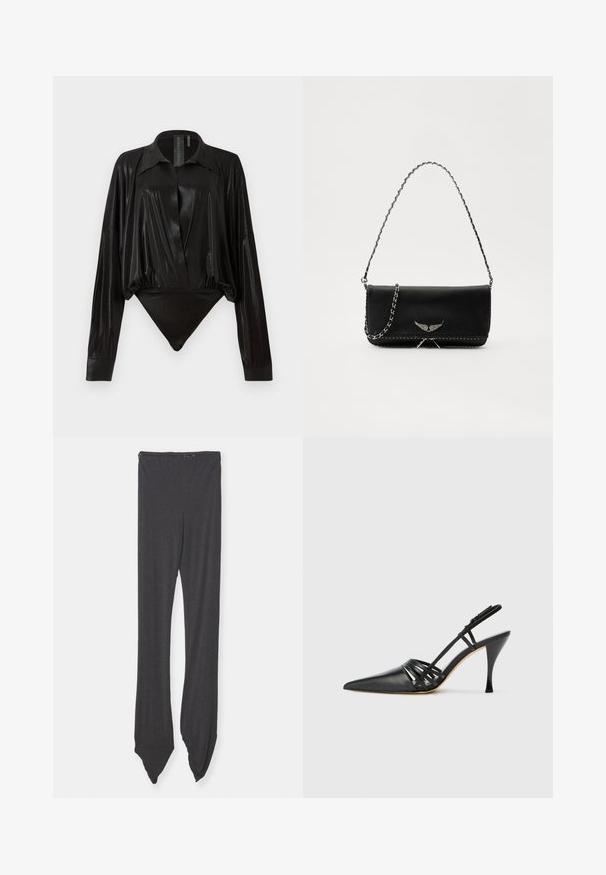 Black bodysuit with long sleeves, V-neck, and a fitted silhouette. Made of shiny, smooth fabric with a structured collar and cuffs.; Dark gray leggings made of soft fabric, featuring a wide waistband and tapered ends that are pointed. Design is smooth without patterns.; Black leather high-heeled slingback shoe with pointed toe, crisscross strap design, and slim stiletto heel. Smooth texture and minimal accents.; Black leather handbag with a silver chain strap, featuring decorative wing accents and white stitching along the bottom seam.
