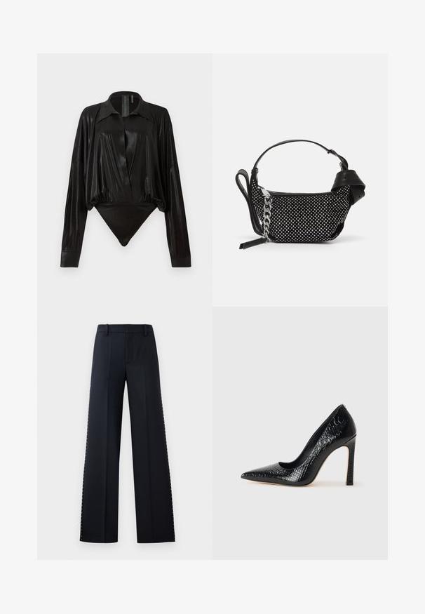 Czarny bodysuit z długimi rękawami, dekoltem w serek i dopasowanym fasonem. Wykonany z błyszczącego, gładkiego materiału z usztywnionym kołnierzykiem i mankietami.; Spodnie o szerokich nogawkach w kolorze czarnym. Dopasowany krój z gładką teksturą. Posiada rząd metalowych ćwieków wzdłuż szwów bocznych dla detalu.; Czarne szpilki z ostrym noskiem, pokryte teksturą skóry krokodyla, charakteryzujące się eleganckim wzornictwem, wysokim obcasem w stylu stiletto oraz gładkim czarnym wnętrzem.; Czarna torebka z ćwiekowanymi zdobieniami, łańcuszkowym paskiem i gładkim skórzanym uchwytem, o zaokrąglonym kształcie i zamykanej kieszeni.