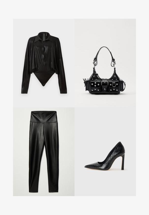 Bodysuit preto com mangas longas, decote em V e silhueta ajustada. Feito de um tecido brilhante e suave, com colarinho e punhos estruturados.; Leggings de pele sintética preta com uma cintura alta, apresentando uma textura suave e um silhueta ajustada, que se estende até ao tornozelo.; Sapato de salto alto de bico fino preto com textura de pele de crocodilo, apresentando um design elegante, salto agulha alto e interior preto suave.; Bolsa de couro preta com um design curvado, apresentando tachas prateadas, uma fivela e dois bolsos laterais. Alça ajustável para opções de transporte.