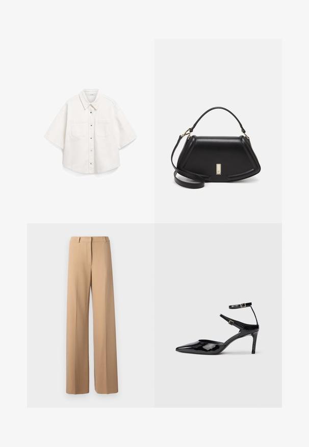 Witte kortebloes met korte mouwen, gemaakt van katoen, heeft een knoopsluiting aan de voorkant, twee borstzakken en een gestructureerde kraag.; Beige wijde broek, met een gladde textuur, op maat gemaakte tailleband, details van een voornaad en geen zichtbare zakken.; Zwarte laarzen van gepatenteerd leer met een spitse neus, verstelbare enkelbandjes en een slanke hak. Gladde textuur met een glanzende afwerking.; Zwarte leren handtas met een gestructureerd ontwerp, featuring een verkorte vorm, bovenhandvat en gouden hardwareaccent. Inclusief verstelbare schouderband.