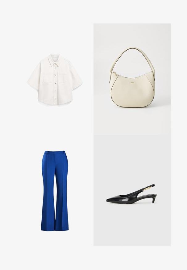 Balta īsajām piedurknēm krekls, izgatavots no kokvilnas, ar pogu slēgšanu priekšā, divām krūšu kabatām un strukturētu apkakli.; Izplūduši zili bikses, izgatavotas no teksturēta auduma, ar piegrieztiem gurniem un priekšējo krokas detaļu, piemērotas formālai vai ikdienas valkāšanai.; Melnas ādas slingback zābaki ar smailu purngalu, ar šauru papēdi un zelta krāsas akcentu uz regulējama siksniņas. Gluda tekstūra.; Krēmkrāsas rokassoma ar teksturētu virsmu, izliekta forma, īss rokturis un zelta tonī logo detaļa. Vāciņš ar rāvējslēdzēju augšpusē.