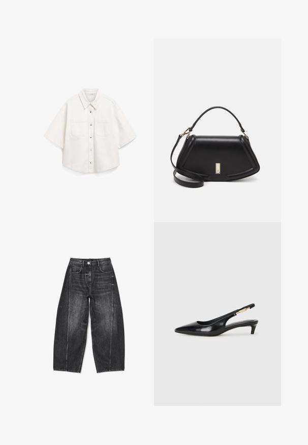 Camisa blanca de manga corta, hecha de algodón, presenta un cierre frontal de botones, dos bolsillos en el pecho y un cuello estructurado.; Vaqueros de mezclilla negros de pierna ancha con un acabado desgastado, que cuentan con cinco bolsillos y costuras detalladas. La cinturilla incluye un botón decorativo.; Tacones negros de piel sintética tipo slingback con punta afilada, que cuentan con un tacón delgado y un detalle en tono dorado en la correa ajustable. Textura suave.; Bolso de mano de cuero negro con un diseño estructurado, que presenta una forma recortada, asa superior y acentos en dorado. Correa de hombro ajustable incluida.