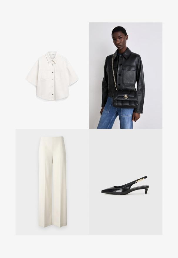 Vit kortärmad skjorta i bomull, med knappstängning fram, två bröstfickor och en strukturerad krage.; Vita vida byxor med vid benkjol i ett slätt tyg, med veck framtill. Designade med en hög midja och en ren finish.; Svart läder slingback-hälar med spetsig tå, med en smal klack och en guldtonad detalj på den justerbara remmen. Slät textur.; Svart läderjacka med knappstängning och två framfickor, i kombination med en svart vadderad handväska med ett guldspänne och kedjerem.