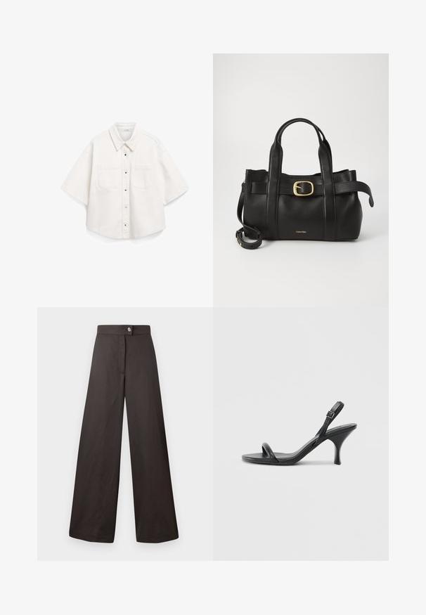 Bijela košulja kratkih rukava, napravljena od pamučnog materijala, ima dugmad sprijeda, dvije džepove na prsima i strukturiranu kragnu.; Crne hlače širokog kroja s glatkom teksturom, koje imaju prednje kopčanje na dugme i čist, jednostavan dizajn. Nema vidljivih uzoraka ili akcenata.; Crne kožne sandale na visoku petu s tankom, zakrivljenom petom i dizajnom prekriženih traka. Podesiva traka oko gležnja. Glatka tekstura.; Crna kožna torba s strukturiranim dizajnom, dvostrukim gornjim ručkama, zlatnim kopčom kao naglaskom i utisnutim logotipom marke sprijeda.