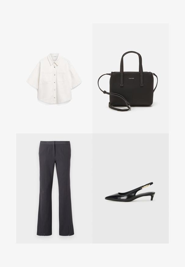 Biely krátky rukáv košeľa vyrobená z bavlny, má zapínanie na gombíky, dve náprsné vrecká a štruktúrovaný golier.; Sivé dlhé nohavice s rovnou nohavicou, s plochým predným dielom a bočnými rozparkom na leme pre pohyb a štýl. Vyrobené z hladkej látky.; Čierne kožené slingback opätky s špicatou špičkou, s úzkym opätkom a zlatým detailom na nastaviteľnom remienku. Hladká textúra.; Čierna kabelka s dvojitými krátkymi rúčkami a odnímateľným ramenným popruhom. Hladký materiál podobný koži s uzatváraním na zips a detailom loga.