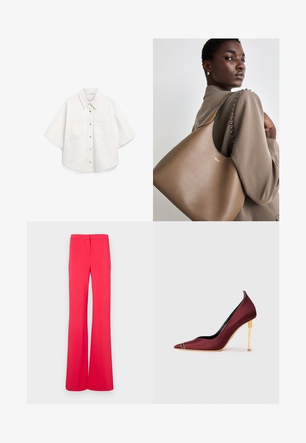 Bela kratka majica s kratkimi rokavi, izdelana iz bombaža, ima gumbasto zapiranje spredaj, dva žepa na prsih in strukturiran ovratnik.; Hlače širokih hlačnic v svetlo roza barvi, narejene iz gladkega, lahkotnega materiala. Pas vsebuje zaponko z gumbom in ima ravno sprednjo zasnovo.; Burgundska satenasta ženska cipela s visokom petom in špičastim nosom, z zlatimi dodatki in elegantno zasnovo stiletto pete.; Rjava usnjena torbica z gladko teksturo, ki ima ukrivljeno silhueto in metalni logo. Trak ima dekorativne noke vzdolž šiva.