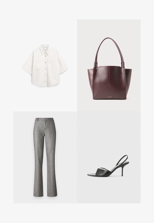 Bela kratka majica s kratkimi rokavi, izdelana iz bombaža, ima gumbasto zapiranje spredaj, dva žepa na prsih in strukturiran ovratnik.; Sive flared hlače iz teksturiranega materiala z diskretno vzorcem. Imajo sprednje zapiranje, zanke za pas in kroj, prilagojen postavi.; Črni usnjeni slingback petni čevlji z ostrim nosom, tankim zapestnim trakom in stiletto peto. Imajo zanko na površini.; Temno rjava usnjena torba z dvema ročajema in geometrijskim šivom, ki vsebuje majhen zlati napis blagovne znamke blizu spodnjega središča.