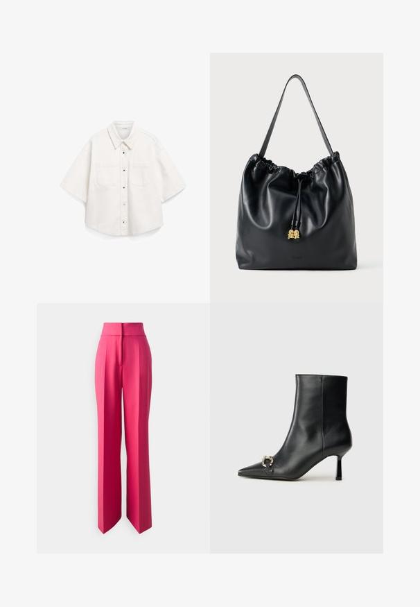 Vit kortärmad skjorta i bomull, med knappstängning fram, två bröstfickor och en strukturerad krage.; Rosa vida byxor med hög midja, med skarpa veck, slät textur och en plan framsida. Inga synliga fickor eller detaljer i metall.; Svart läderankelboot med spetsig tå, smal medelhög klack och silverfärgad spänndetalj på sidan mot en enfärgad bakgrund.; Svart läderdragstringväska med en slät yta, samlad topp och subtila guldfärger. Har ett enda robust handtag och präglad logotyp.