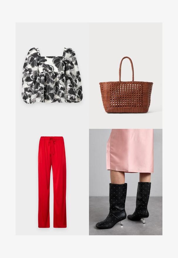 Black and white floral blouse with puffed sleeves, square neckline, textured fabric, and metallic thread accents, creating a layered appearance.; Red, lightweight, drawstring trousers with a relaxed fit, featuring a smooth texture and straight leg design.; Black knee-high boots made of smooth material, featuring a subtle studded pattern and silver tone heel. Paired with a pink satin dress.; Woven brown tote bag with an open pattern, rectangular shape, and two braided handles. Features a solid base for support.