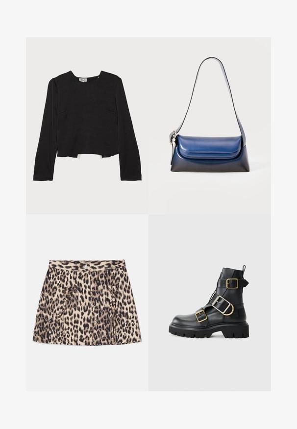 Melns garām piedurknēm tops ar apaļu kakla izgriezumu, teksturēta auduma, īss apakšmalē un diskrētām šuvēm, ar sānu kabatām papildu detaļai.; Džinsa svārki ar leoparda rakstu, augsta jostasvietā, priekšējo pogu aizdari un divām sānu kabatām ar aukliņu detaļām.; Melna ādas potīšu zābaku ar masīvu zoli, kuram ir vairāki siksniņas un zelta aksesuāri. Gluda tekstūra, izturīgs dizains.; Jūras spēku tumši zilas ādas rokassomu ar gludu virsmu, apaļu formu, salocītu augšdaļu un vienu plecu siksnu. Iekļauta sudraba aparatūra.