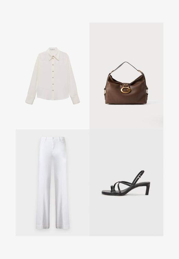 Bluză albă cu mâneci lungi, dintr-un material ușor, are un guler ascuțit, un închidere cu nasturi frontali de culoare aurie și manșete cu un singur nasture.; Jeanși albi, cu picioare ample și talie înaltă, cu închidere prin buton, design cu cinci buzunare și margini manșetate. Realizați din material denim.; Sandal cu barete negre, cu vârf pătrat și toc mic de bloc. Prezintă mai multe barete subțiri și o bareta ajustabilă la gleznă. Fabricat din piele netedă.; Geantă de umăr din piele maro cu un finisaj texturat, având un închizător din metal de culoare aurie și un singur mânere curbat.