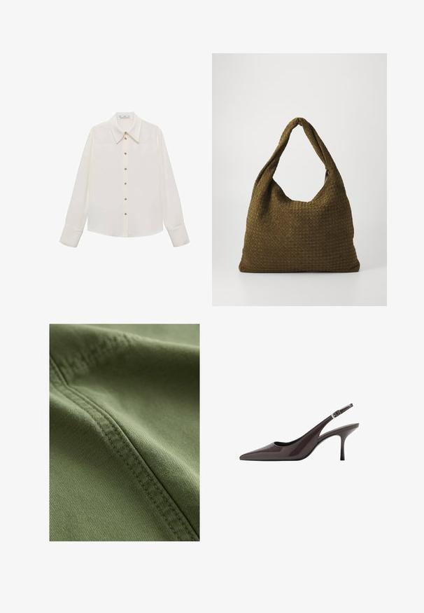 Vit långärmad blus, tillverkad av lättviktsmaterial, har en spetsig krage, en knappframsida med guldtonade knappar och en-knapps manschetter.; Next Jeansshorts - khaki green; Spetsig tå slingback-klackar i mörkbrunt lackskinn, med en smal hög klack och en justerbar vristrem med spänne.; Vävd tygväska i olivgrön med en rymlig, rundad form och ett enda, förlängt handtag för bärning. Strukturerad yta.
