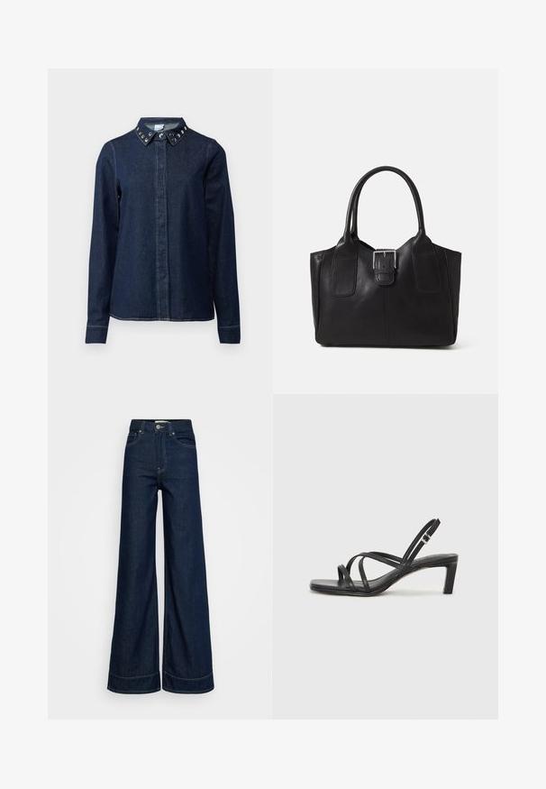Temno moder srajc z gumbnim zapenjanjem spredaj, dolgimi rokavi in ovratnikom, okrašenim z dekorativnimi kovinskimi žebljički. Gladka tekstura, klasičen kroj.; Temno modre jeans hlače z visokim pasom in širokimi nogavicami, z prednjimi žepi, zanke za pas, gumbom za zapiranje in vidno šivinami na belem ozadju.; Črne natikače s trakovi in kvadratnim prstom ter nizkim blokastim peto. Imajo več tankih trakov in nastavljiv trak okoli gležnja. Narejene so iz gladkega usnja.; Črna usnjena torba s gladko teksturo, strukturirano obliko, dvema ročkama in izrazitim srebrnim sponko na sprednji strani.