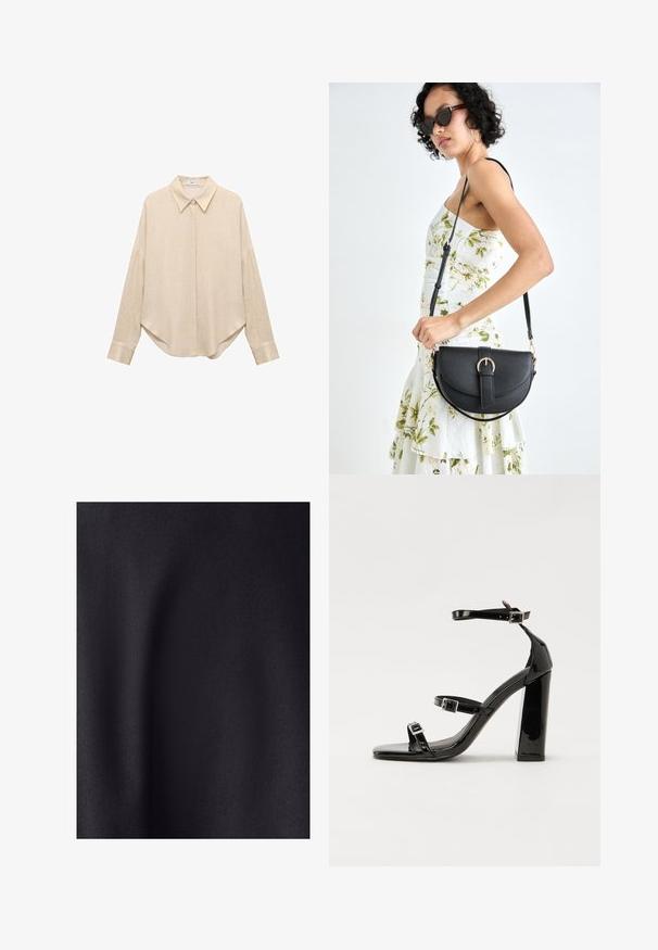 Chemise beige à manches longues avec un col pointu, coupe ample et ourlet arrondi. Fabriquée en tissu léger et texturé. Devant et poignets à boutons.; Tissu noir avec une texture lisse et mate. La surface a un léger éclat, mettant en valeur un tissage fin sans motifs ni accents visibles.; Sandales à talons hauts en cuir verni noir avec deux brides à boucles, bout carré et talon bloc épais, présentant une texture lisse et brillante.; Sac à main en cuir noir avec une forme courbée, bandoulière amovible et des accessoires en or. Le sac est doté d'un rabat avec un détail de boucle.