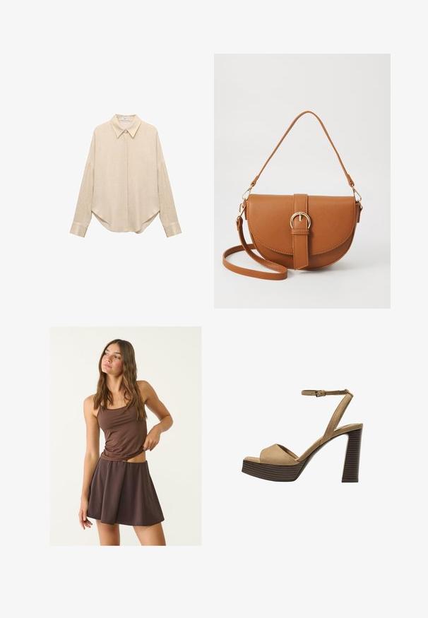 Beige langærmet skjorte med spidse krave, løs pasform og afrundet kant. Lavet af et let, tekstureret stof. Knaplukning foran og ved håndleddene.; Brun top med tynde stropper og en matchende vippeskirt, lavet af blødt og let materiale. Toppen har en tætsiddende silhuet.; Beige ruskinds højhælede sandaler med en bred foranrem og ankelrem, der har en kraftig træblokhæls struktur.; Brun læder crossbody taske med en buet form, guldfarvet hardware og en spændeaccent. Har en aftagelig skulderrem.