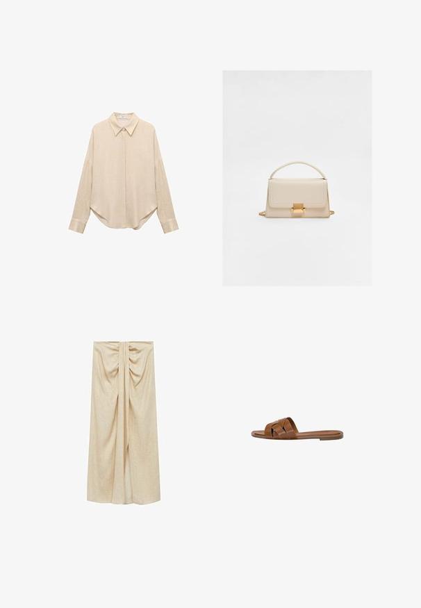 Beige pitkähihaista paitaa, jossa on terävä kaulus, löysä istuvuus ja pyöristetty helma. Valmistettu kevyestä, teksturoidusta kankaasta. Napit edessä ja hihansuissa.; Beige, polvihämärä hame, joka on valmistettu pehmeästä kankaasta. Hameessa on gathered-muotoilu vyötäröllä ja sivussa halkio, joka lisää liikkuvuutta ja tyyliä.; Ruskea nahkainen liukusandaali, jossa on ristikkäiset hihnat, tasapohja ja sileä pinta. Yksinkertainen muotoilu ilman koristeita tai kuvioita.; Beige nahkalaukku, jossa on jämäkkä muotoilu, yläkahva, ketjuhihna ja kultainen lukko. Suloinen pinta ja siistit linjat.