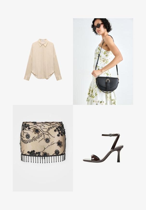 Beživa košulja s dugim rukavima, s oštrim ovratnikom, širokog kroja i zaobljenim rubom. Izrađena od lagane, teksturirane tkanine. S prednjim gumbima i manžetama.; Crna mini suknja s ukrasima, cvjetnim aplikacijama, šljokicama i perličastim rubom. Izrađena od prozirnog materijala s složenim detaljima.; Smeđi lakirani kožni sandali s visokim potpeticama, remenom oko članka, otvorenim prstima i elegantnim, minimalističkim dizajnom. Imaju kvadratnu potpeticu.; Crna kožna torba s lukovitim oblikom, odvojivim remenom i zlatnim detaljima. Torba ima preklop s kopčom.