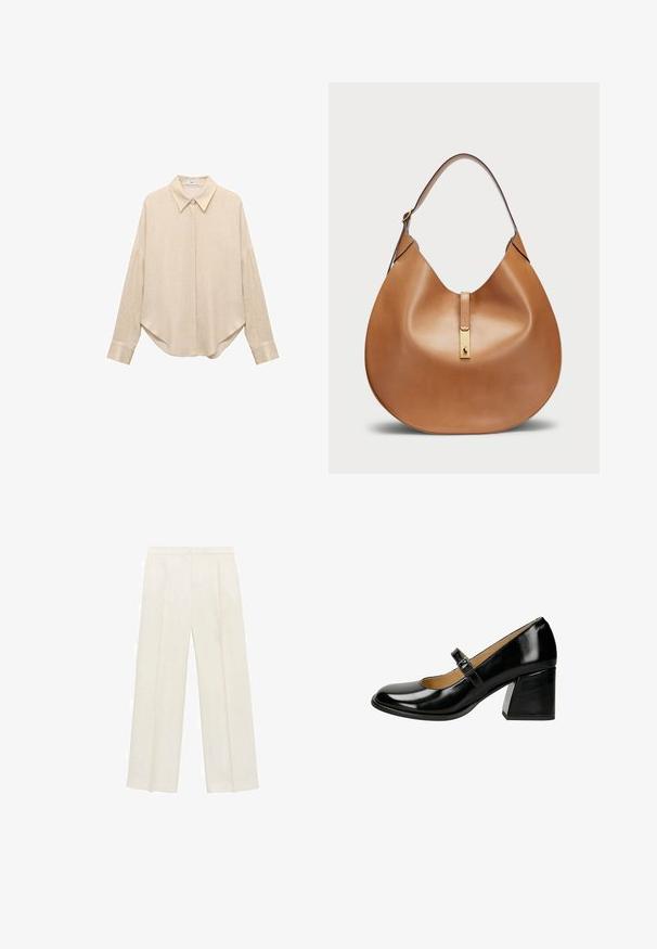 Beżowa koszula z długim rękawem, z punktowym kołnierzykiem, luźny krój i zaokrąglony dół. Wykonana z lekkiego, teksturowanego materiału. Z przodu zapinana na guziki oraz przy mankietach.; Spodnie o szerokich nogawkach w jasnym kolorze kremowym. Wykonane z gładkiego materiału, z plisami z przodu i bocznymi kieszeniami.; Czarne lakierowane buty typu Mary Jane z okrągłym noskiem, regulowanym paskiem z klamrą i masywnym obcasem o teksturowanej powierzchni.; Torba skórzana w kolorze brązowym o zaokrąglonym kształcie i szerokim pasku na ramię. Posiada złoty metalowy akcent na środku oraz gładką fakturę.