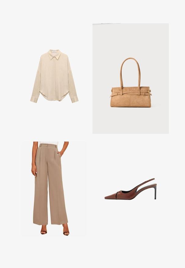 Bež srajca z dolgimi rokavi in pointed ovratnikom, ohlapen kroj in okrogel rob. Narejena iz lahkotnega, teksturiranega materiala. Gumbasti sprednji del in manšete.; Friends Like These PREMIUM WIDE LEG - Hlače - natural; Rjavi usnjeni slingback čevelj z ostro konico, izrezom na vampu in elegantno stiletnasto peto. Gladka tekstura.; Torba iz bež sued kožne teksture z dvema dolgima ročajema, pravokotne oblike in okrasnim šivanjem. Ima stranski trak in subtilne zlate detajle.