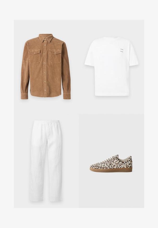 Rudas kordurojinis marškinis su mygtukų apykakle, dviem krūtinės kišenėmis ir tekstūruotu paviršiumi. Turi mygtukų užsegimą ir ilgomis rankovėmis.; Baltas medvilnės marškinėliai su atpalaiduotu siluetu, trumpomis rankovėmis ir V- formos iškirpte. Kairėje pusėje yra du maži juodi spausdinti logotipai.; Baltos lino kelnės su elastiniu liemeniu, tiesių kojų piešiniu ir minkšta tekstūra be matomų raštų ar aparatūros detalių.; Leopardų rašto sportbačiai su tekstūruotu kailiniu viršumi, apvalia nosimi, baltais raišteliais ir rudos gumos padu. Pasižymi klasikiniu žemų sportbačių dizainu.