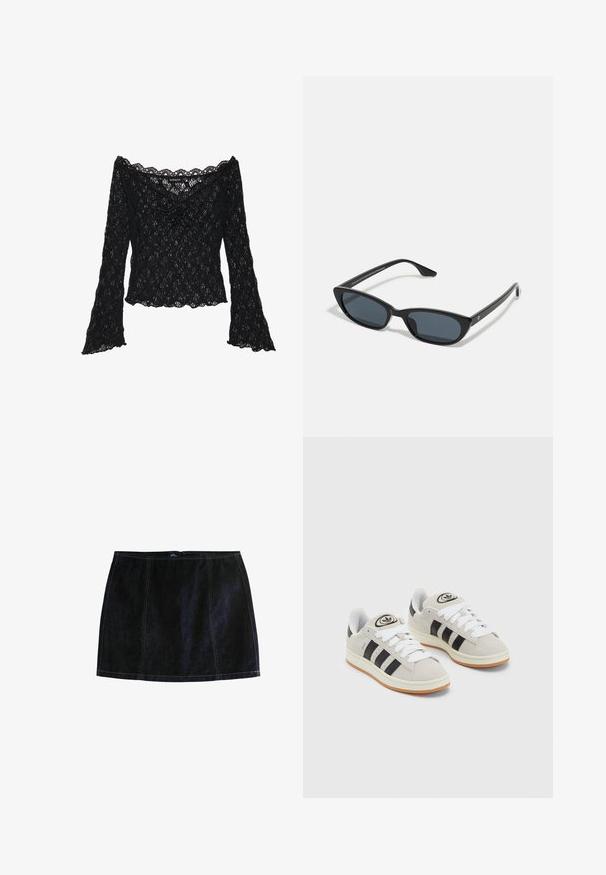Czarna koronkowa bluzka z dekoltem hiszpańskim, długimi rękawami w kształcie dzwonu i falbaniastymi brzegami. Teksturowany kwiatowy wzór na całej powierzchni.; Ciemnoniebieska mini spódnica dżinsowa z kontrastującymi żółtymi szwami, dopasowanym krojem i zapięciem na zamek. Klasyczny design z pięcioma kieszeniami.; Szare zamszowe trampki z białymi sznurówkami, czarnymi paskami i białą gumową podeszwą. Posiadają okrągłe logo na języku oraz gumową podeszwę.; Czarne okulary w kształcie kociego oka z ciemnymi soczewkami, plastikową ramką, smukłymi zausznikami i subtelnym logo na wewnętrznej stronie zausznika. Matowa tekstura.