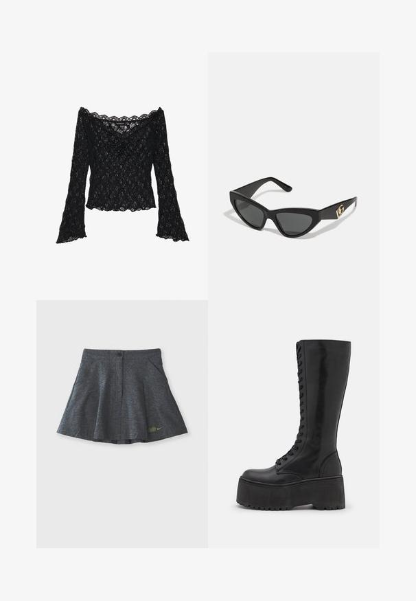 Top de renda preta com decote à mostra dos ombros, mangas longas em forma de sino e bordas assimétricas. Padrão floral texturizado por toda a peça.; Dois tops de algodão em branco e preto. Cada um tem um decote profundo e alças finas, apresentando uma textura suave e macia.; Saia cinza feita de tecido texturizado com fecho de botão na cintura, apresentando dois bolsos laterais e um discreto logotipo bordado na barra.; Zign LEATHER - Botas de atacadores - black; Óculos de sol com formato de gato, com uma armação de plástico preto fosco, lentes escuras e um detalhe em logotipo dourado na haste. Design angular e textura suave.
